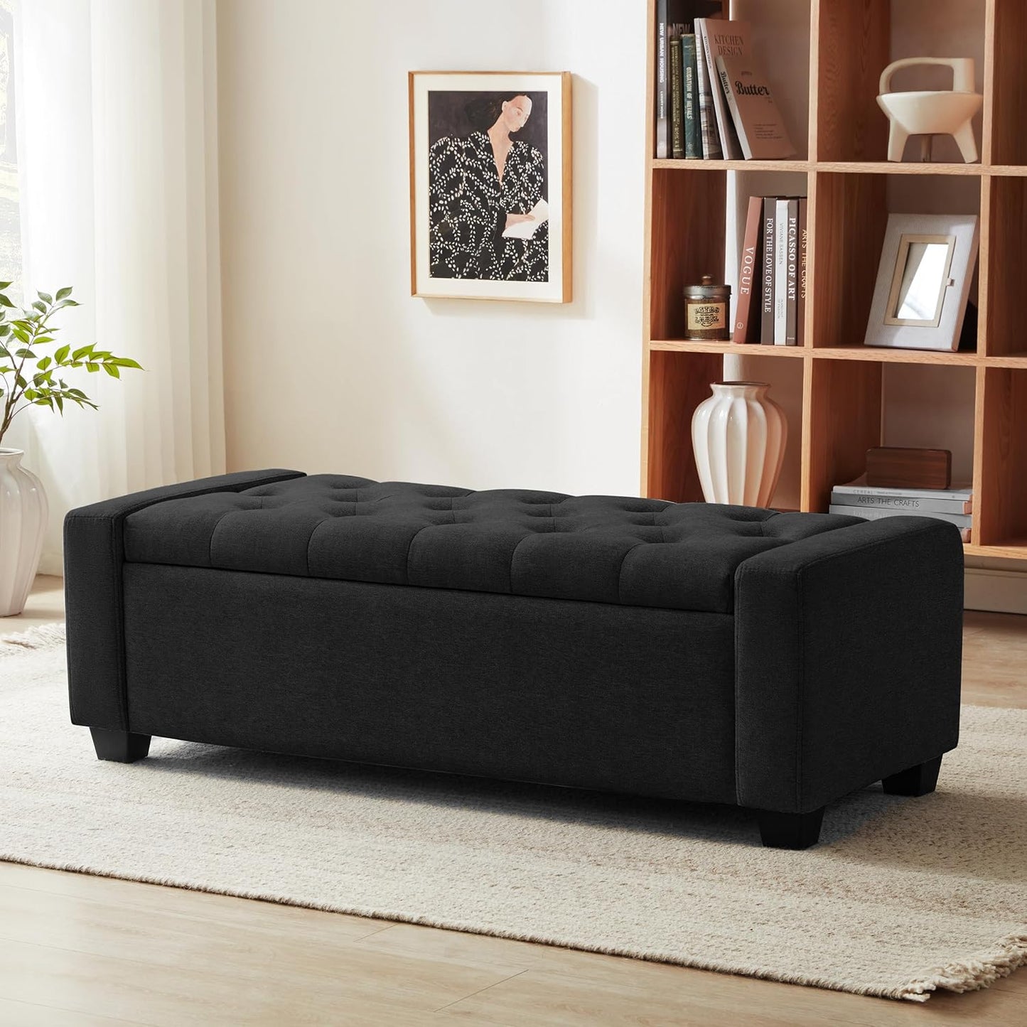 48" Ottoman with Storage, Black Storage Ottoman Bench with Safety Hinge, Upholstered Entryway Bench with Seating for Bedroom, Living Room, Holds up to 330 lb