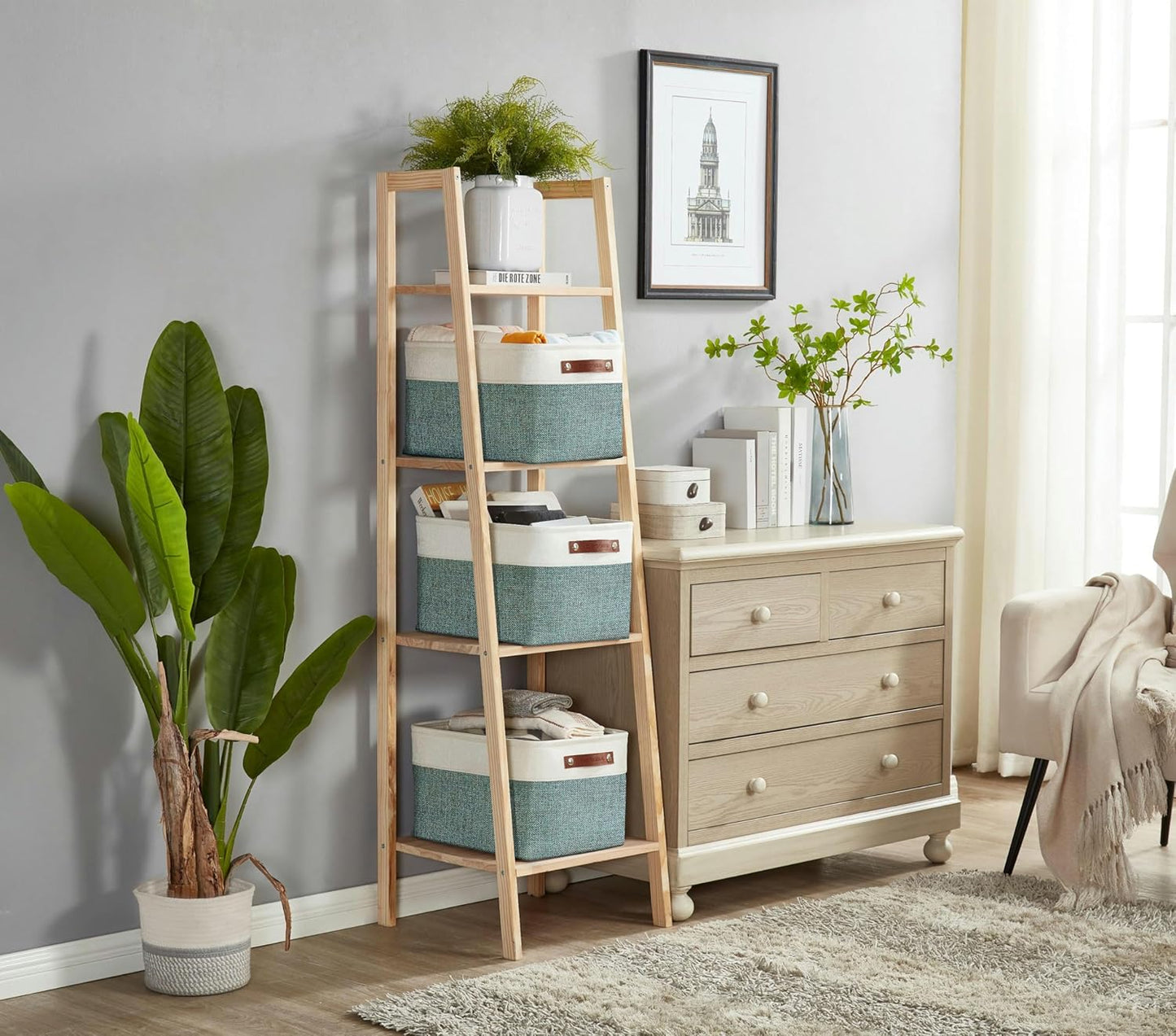 DECOMOMO Storage Bins Fabric Storage Baskets for Shelves, Linen Closet Organization Toys Nursery (Green and White, Large - 4 Pack)