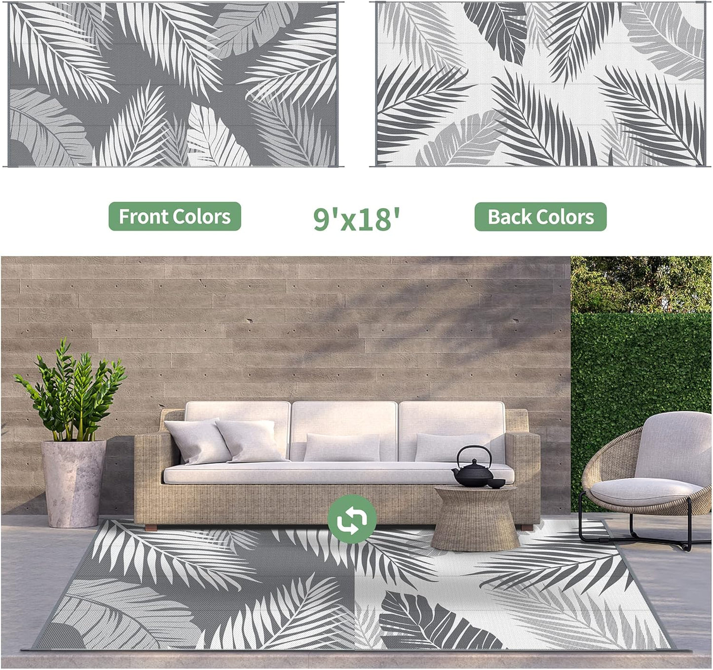 GENIMO Outdoor Rug 9' x 18' Waterproof for Patios Clearance, Reversible, Plastic Straw Camping Rug Carpet, Large Area Rugs Mats for RV, Picnic, Backyard, Deck, Balcony, Porch, Beach, Grey&White