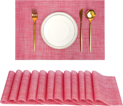 Placemats Set of 12，Non-Slip PVC Weave Table Mats Easy to Clean，Heat Resistant Place Mats for Kitchen Dining Table Decoration Indoor Outdoor，Red