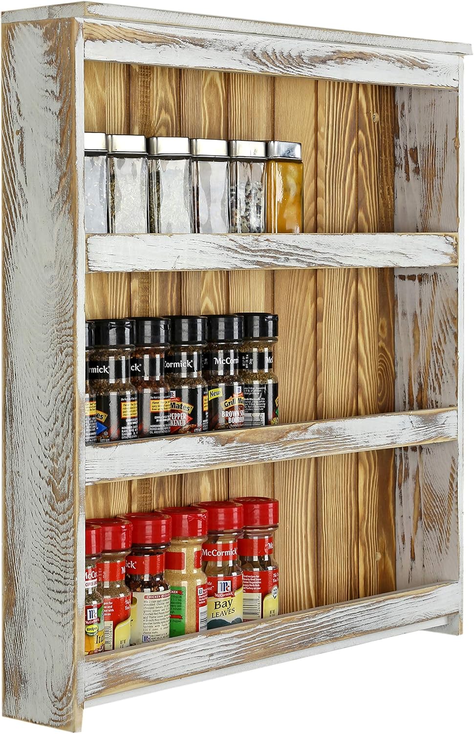 MyGift 3 Tier Wall Mounted Spice Rack, Shabby White Washed and Rustic Natural Burnt Solid Wood Kitchen Pantry Storage Shelf for Seasoning Jars or Condiment Bottles