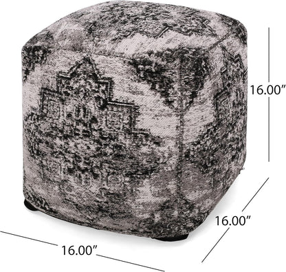 GDFStudio Boho Handmade Fabric Cube Pouf Ottoman Foot Stool - Bean Bag Floor Chair - Foot Rest Couch for Living Room Bedroom,Black and Beige,16"" x 16"" x 16"", 312604N