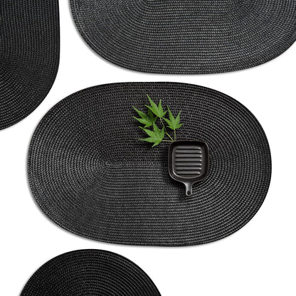 AHHFSMEI Placemats Set of 4 for Dining Table Washable Woven Vinyl Non-Slip 18x12 inches Placemat Heat-Resistant Durable Table Mats for Dining Table Easy to Clean (Oval Black, 4)