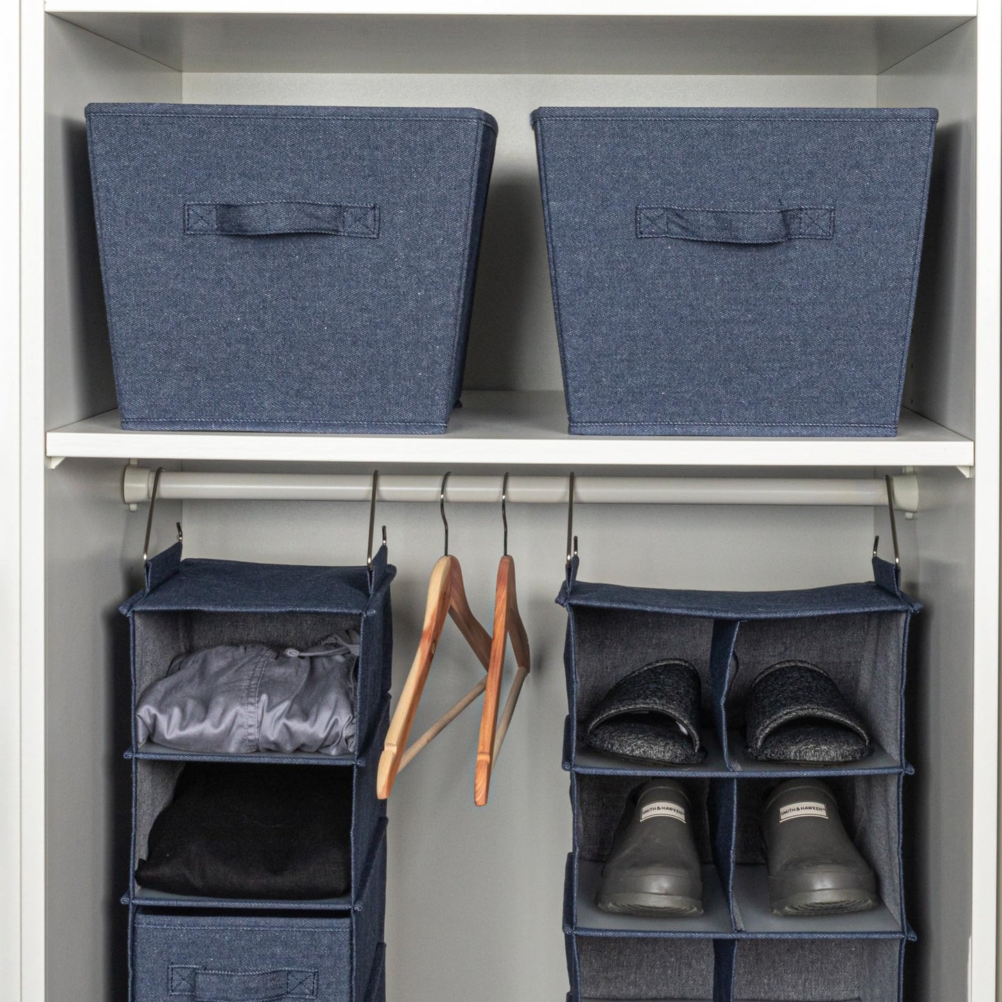 Household Essentials Tapered Fabric Hard-Sided Storage Bins with Cloth Handles, Set of 2, Denim