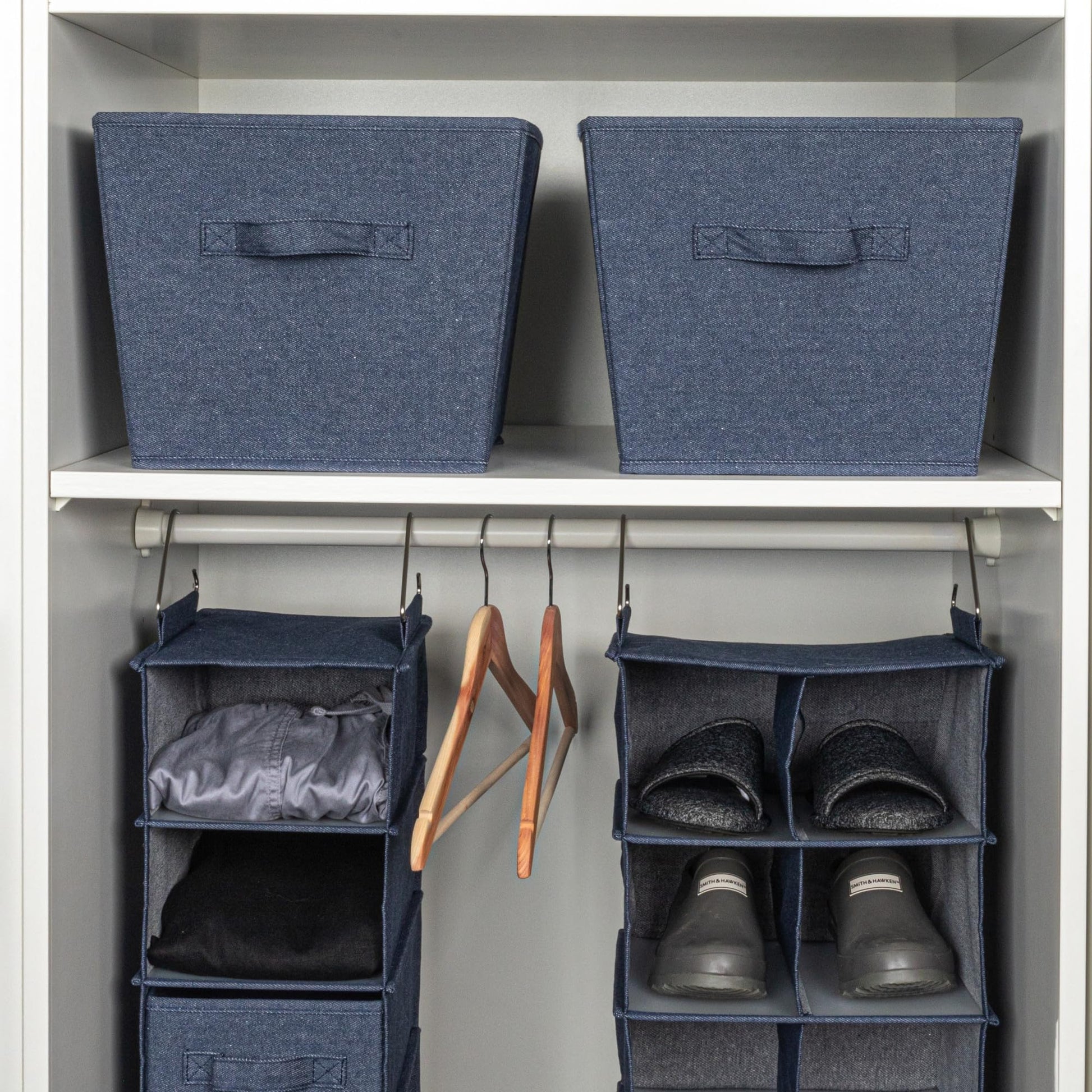 Household Essentials Tapered Fabric Hard-Sided Storage Bins with Cloth Handles, Set of 2, Denim