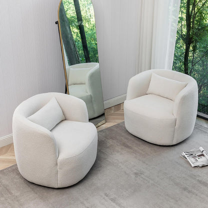 KINWELL 34" Wide Boucle Swivel Barrel Chairs Set of 2, No Assembly Round Upholstered Armchairs Accent Chairs Single Sofa Chair with Toss Pillow for Living Room and Bedroom, Beige