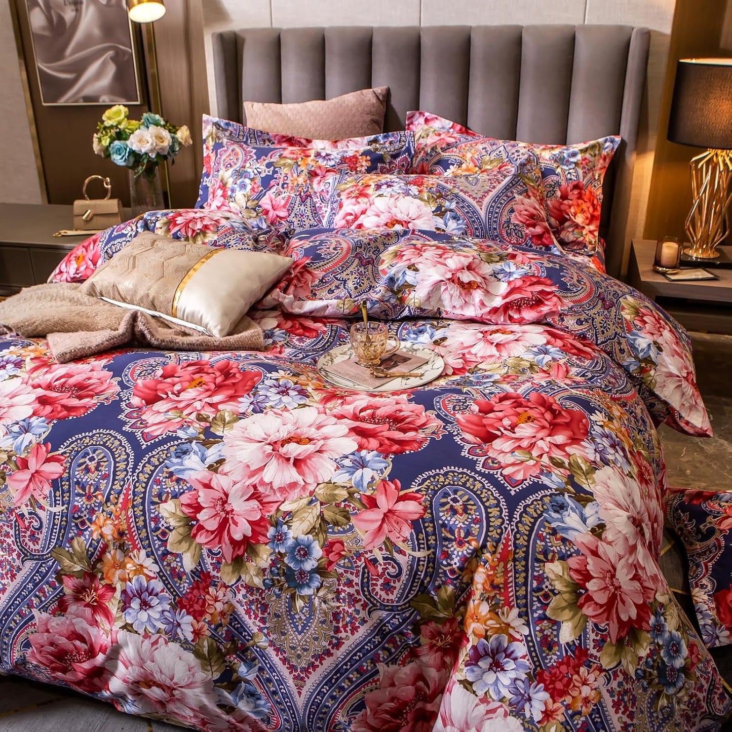 ABREEZE Colorful Floral Duvet Cover Queen 100% Cotton Flower Duvet Cover 3 Piece Set 1 Multi-Colored Damask Paisley Duvet Cover with Zipper Ties 2 Pillowcases Luxury Soft Peony Print Bedding Set