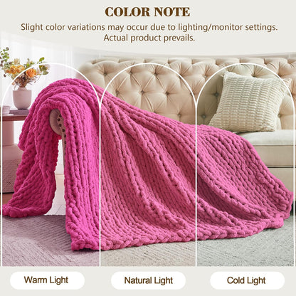 Carriediosa Chunky Knit Throw Blanket 50" X 60", 100% Hand Made Large Chenille Loop Yarn Soft Fluffy Throws for Couch Sofa Bed, Big Crochet Cozy Heavy Thick Cable Woven Blankets, Hot Pink