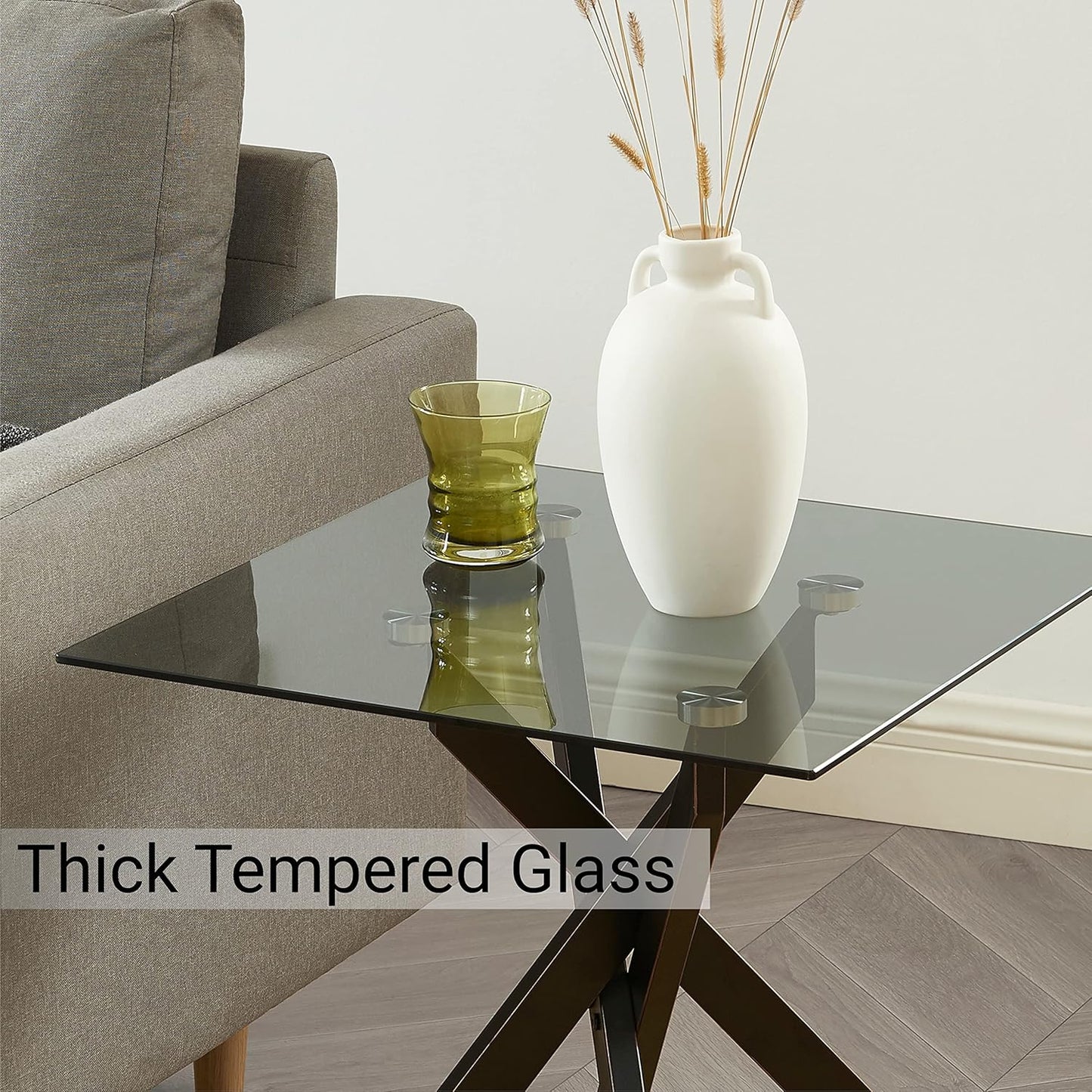 Modern Style Square Side Table with Grey Tempered Glass Top and Black Metal Tubular Legs with Gold Rim 20”Dx20”Wx22”H