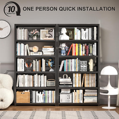 5 Tier Book Shelf, Metal Bookshelf, 69.3” Tall Black Bookcase, Free-Standing Industrial Bookshelves, Tools-Free Assembly Book Storage Organizer for Bedroom, Living Room, Office (Black)