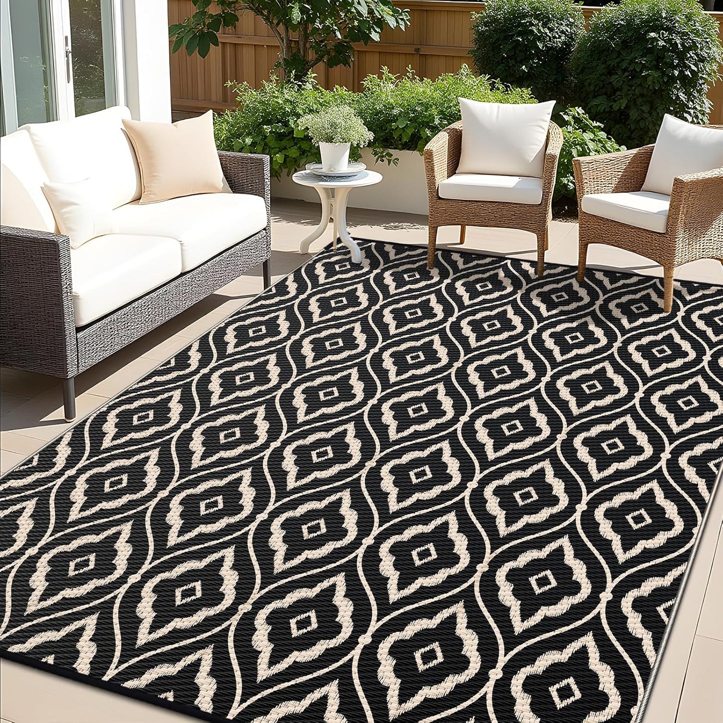 OLANLY Outdoor Rug 6x9 ft Waterproof, Outdoor Plastic Straw Rug with Geometric Pattern Clearance, Reversible RV Mat for Patio, Camping, Balcony, Deck, Backyard, Black & Beige