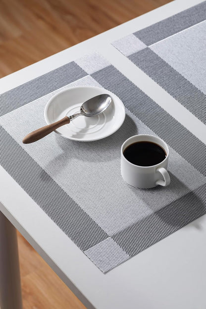 LEXMORE Placemats Set of 6 Vinyl/Plastic Woven Place Mats for Kitchen Table Indoor/Outdoor Washable Placemat Wipeable Dining Table Mats(Silver Cube)