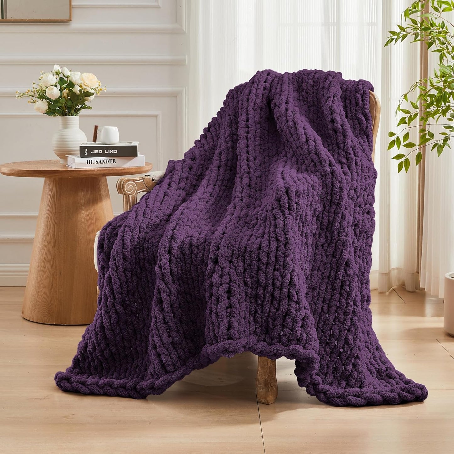 Carriediosa Chunky Knit Throw Blanket 60" X 80" Twin, 100% Hand Made Large Chenille Loop Yarn Soft Fluffy Throws for Couch Sofa Bed, Big Crochet Cozy Heavy Thick Cable Woven Blanket, Dark Purple