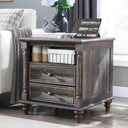 T4TREAM 24'' Farmhouse End Table w/4 Solid Wood Feet, Large 2 Drawers Wide Sofa Side Table with Charging Station, Tall Rustic Wood Square Nightstand for Living Room, Bedroom, Office, Dark Rustic Oak
