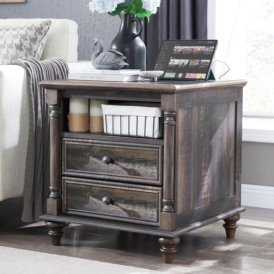 T4TREAM 24'' Farmhouse End Table w/4 Solid Wood Feet, Large 2 Drawers Wide Sofa Side Table with