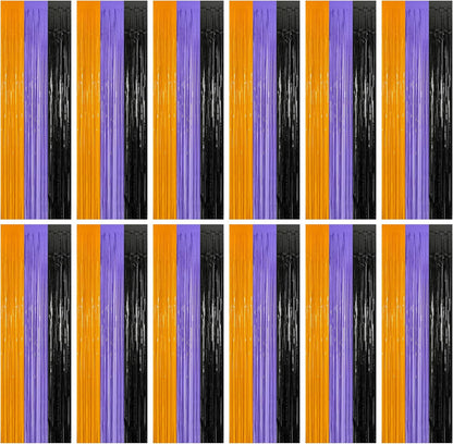 12 Pack Halloween Decor, 3.28 FT x 7.05 FT Orange Purple Black Fringe Curtains, Funny Wall Backdrop Photo Booth Backdrop Party Streamer, Halloween Foil Decorations Photo Booth Props