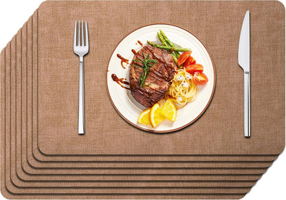 Maxpearl 8-Piece PU Leather Placemats – Durable, Heat Resistant & Wipeable Table Mats, Non-Slip and Waterproof Dining Place Mats for Kitchen or Patio Table, 17x12 Inches, Brown