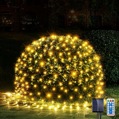 WBao Solar Christmas Lights Outdoor 200LED 8.4ft x 5.2ft Christmas Net Lights with Remote, 8 Lighting Modes, Timer, Waterproof for Lawn, Bushes, Shrubs, Trees Outdoor Christmas Decorations, Warm White