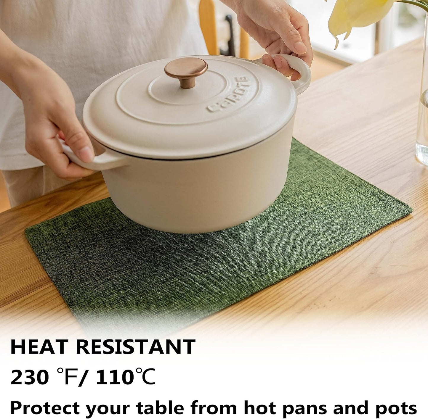 Demetex Dark Green Placemats Set of 8 Decorative Linen Textured Place Mats Heat Resistant Plate Platemats for Cafe Party Banquet Tables, 13x19 inch, Green