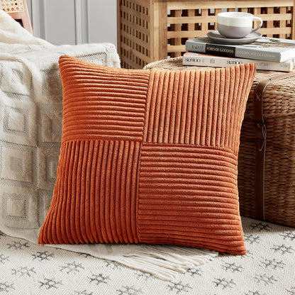 Fancy Homi Set of 2 Burnt Orange Decorative Throw Pillow Covers 22x22 Inch for Living Room Couch Bed, Boho Farmhouse Fall Home Decor, Soft Corss Corduroy Patchwork Textured Cushion Case 55x55 cm