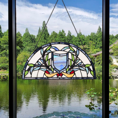 YOURANJU Half Moon Stained Glass Window Hanging Tiffany Style 16" x 8" Half-Round Window Panel Housewarming Gift Living Room Bedroom Kitchen Window Decorative Hangings with Chain (Rattan)