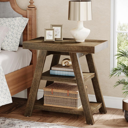 Tribesigns Set of 2 Small Wood Side Table, Farmhouse 3-Tier Narrow Sofa End Table with Storage, Vintage Couch Side Table for Living Room, Wooden Bedside Table for Bedroom, Small Spaces, Rustic Brown