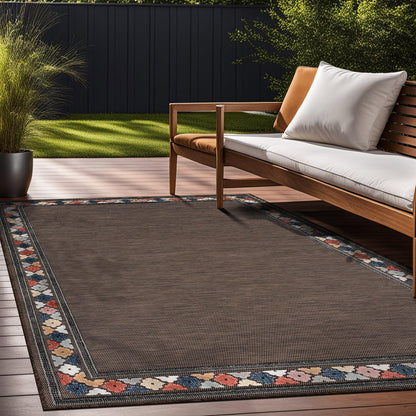 Beverly Rug Outdoor Rug 8x10 Modern Bordered Area Rugs for Indoor and Outdoor Patio Easy to Clean Non Shedding Living Room Porch Garden Washable Outside Carpet (8 x 10 Brown)