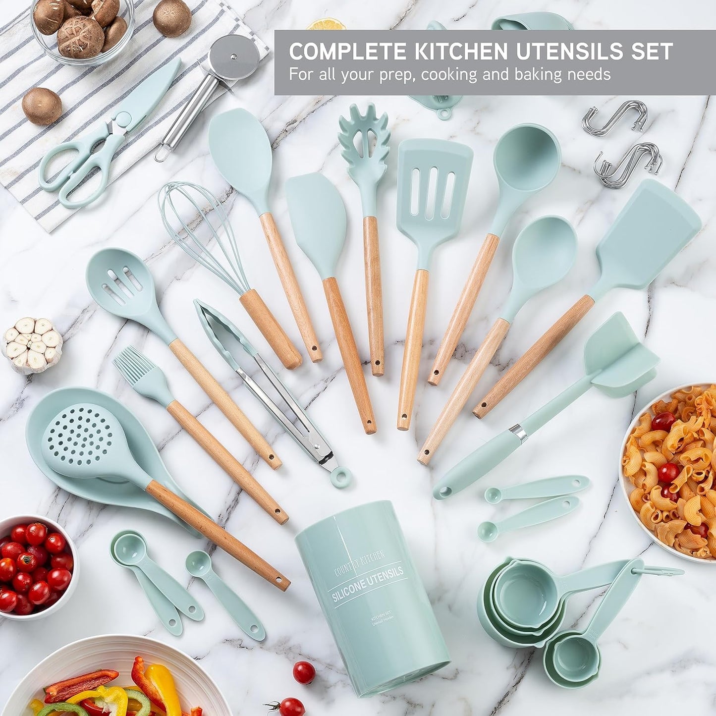 Country Kitchen Non Stick Silicone Utensil Set with Rounded Wood Handles for Cooking and Baking, 38 Piece Set, Mint