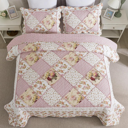 NEWLAKE Quilt Set Queen Size, Bedspread Sets Pink Botanical Floral, Reversible Quilt Bedding Set Lightweight and Breathable for All Seasons, Soft Quilted Bedspread with 2 Pillow Shams