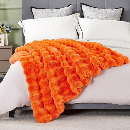 DREAMNINE Decorative Fuzzy Soft Fall Bubble Faux Fur Throw Blanket for Couch 50" x 60",Luxury Autumn Plush Fluffy Blankets,Cute Lovely Halloween Cozy Thick Warm Furry Blanket for Winter,Pumpkin Orange