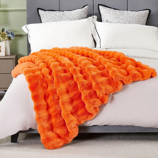 DREAMNINE Large Fuzzy Soft Fall Bubble Faux Rabbit Fur Blanket Full Size 70" x 80", Luxury Big Autumn Plush Fluffy Blankets for Bed, Cute Lovely Cozy Thick Warm Furry Blanket for Winter,Pumpkin Orange