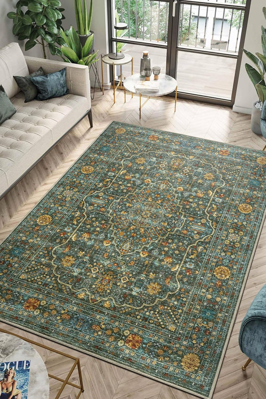Keen Home Design 8x10 Rug - Machine Washable Area Rug with Non-Slip Backing, Ideal for Living Room, Dining Room, Bedroom - Vintage, Easy Clean, Durable, Low Pile Rug - (8' x 10')