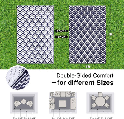 OLANLY Reversible Outdoor Rug 5x8 ft Clearance, Waterproof Outdoor Plastic Straw Rug with Interlacing Pattern, RV Mat for Patio, Camping, Balcony, Deck, Backyard, Navy & White