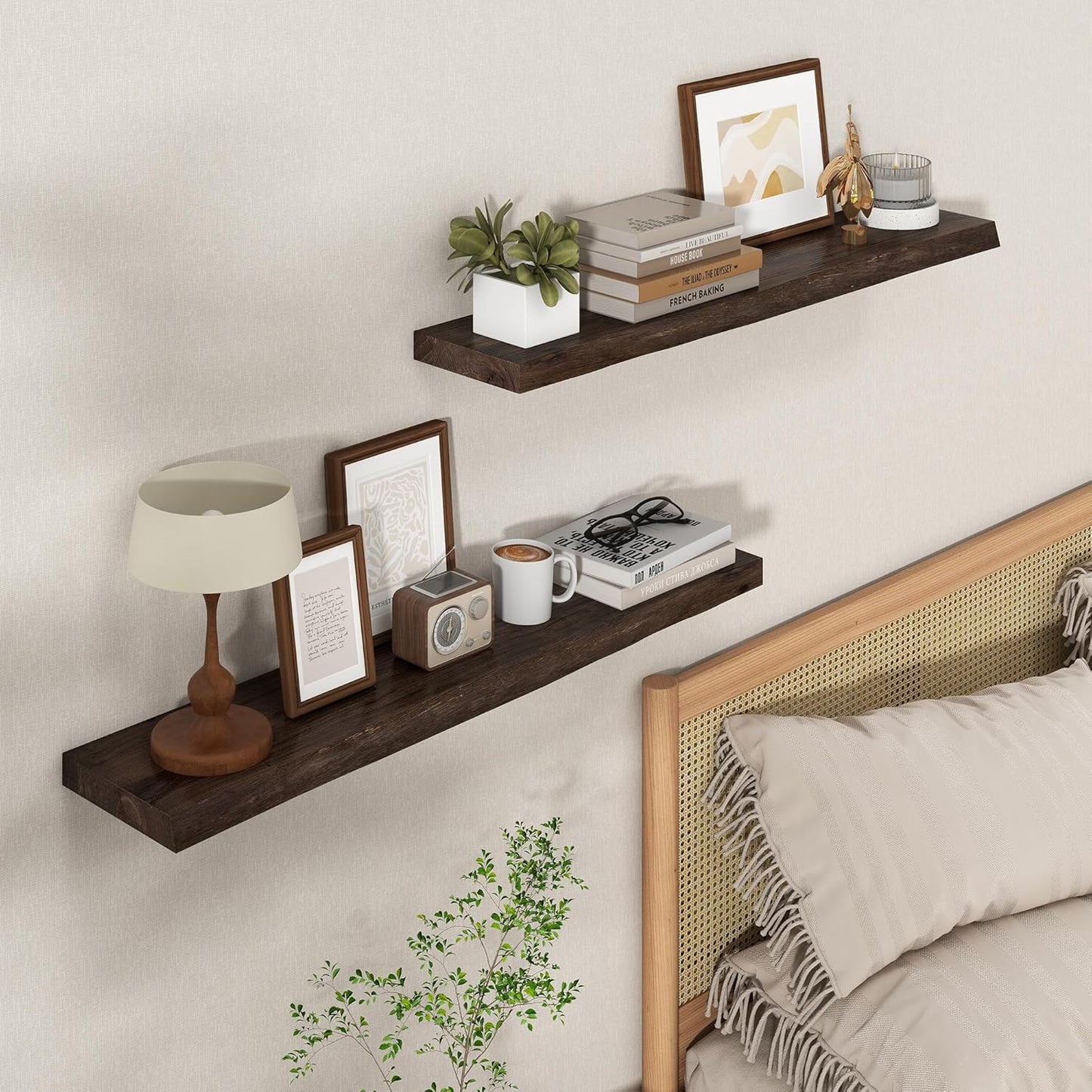 Axeman 36 inch Floating Shelves for Wall - 8'' D Live Edge Rustic Solid Elm Wood Floating Shelves Wall Mounted, Wall Shelves with Invisible Bracket for Living Room Bedroom Kitchen, Set of 2 Walnut