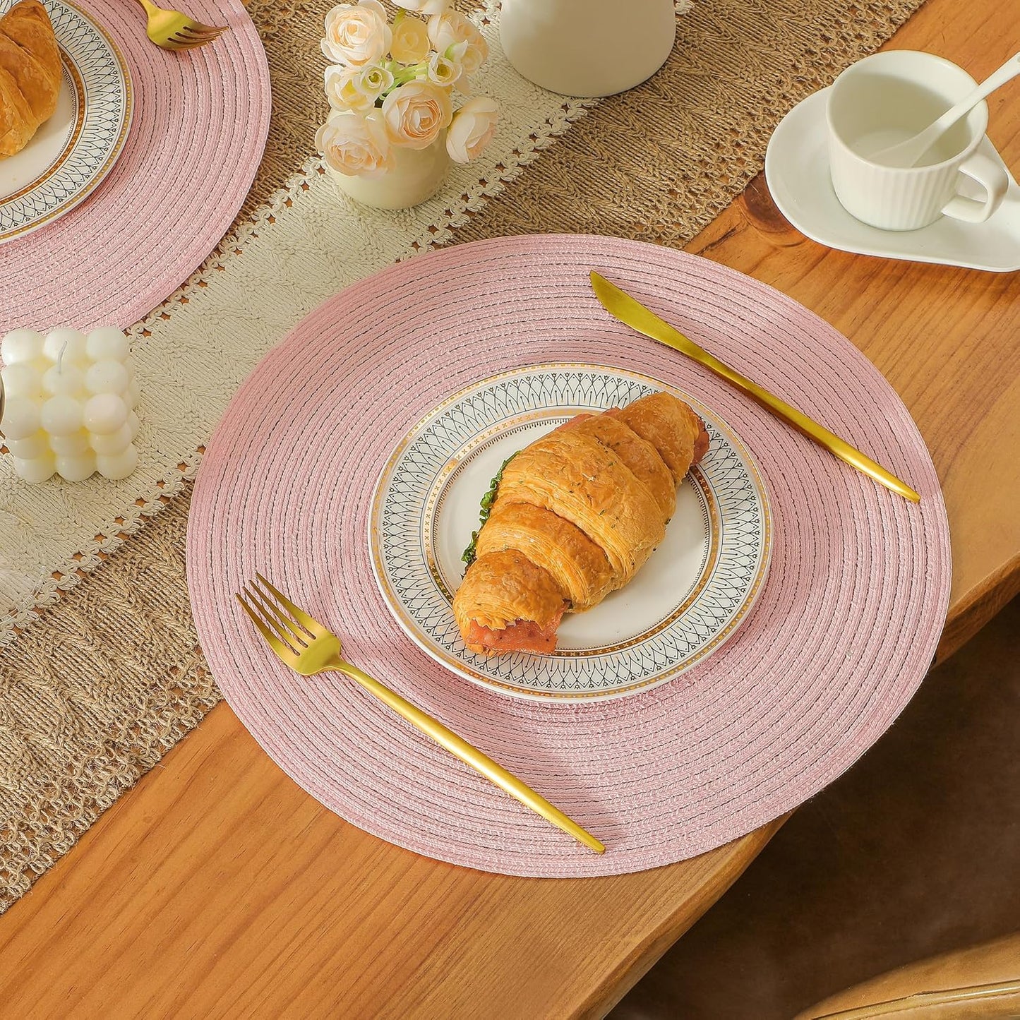 Leetaltree Round Placemats Heat and Slip Resistant Cotton Table Mats, Washable Bohemian Placemats for Dining Tables (Pink, Set of 8)