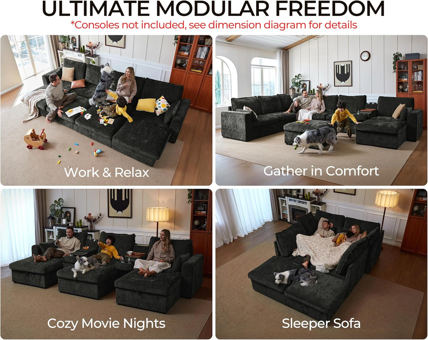 Oversized Modular Sofa Comfy Cloud Couch with Storage, Extra Deep Plush Sectional Sofa Set for Living Room, Covers Washable, Chenille, Olar (Black, 4-Seater with Ottoman, l-Shaped)