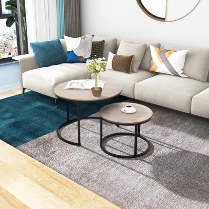 Round Coffee Tables Nesting Side Set of 2 End Tables for Living Room,Round Table with Solid Powder-Coated Metal Frame Natural Wood Color