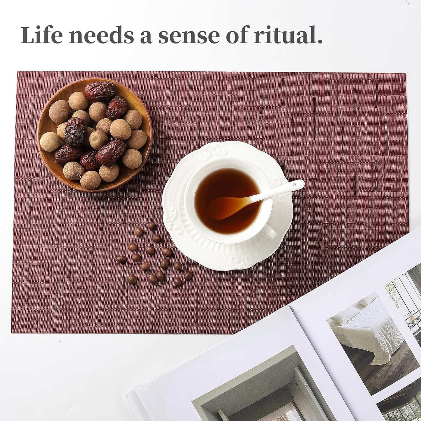 Leetaltree Burgundy Placemats Set of 12 - Heat Resistant Non-Slip Place mats for Dining Table, Washable Durable PVC Vinyl Woven Table Mats（Burgundy, 12）