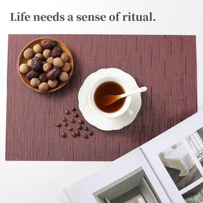 Leetaltree Burgundy Placemats Set of 4 - Heat Resistant Non-Slip Place mats for Dining Table, Washable Durable PVC Vinyl Woven Table Mats（Burgundy, 4）