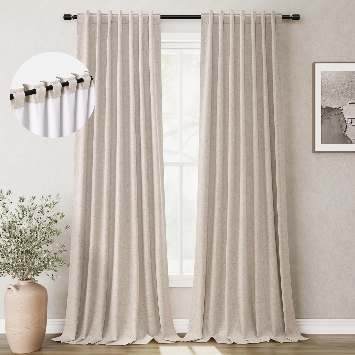 BOODII Oatmeal Linen 100% Blackout Curtains 100 Inch Extra Long Room Darkening Light Blocking Thermal Insulated Window Drapes Back Tab for Living Dining Room Nursery Natural Flax Linen Look Curtains