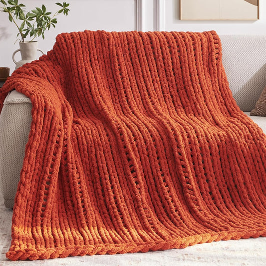 Chunky Knit Throw Blanket, 30''*40'' Knitted Throw Chenille Yarn for Bed Couch, Handmade Orange Crochet Big Thick Blanket, Machine Washable Cute Comfy Blanket for Home Decor