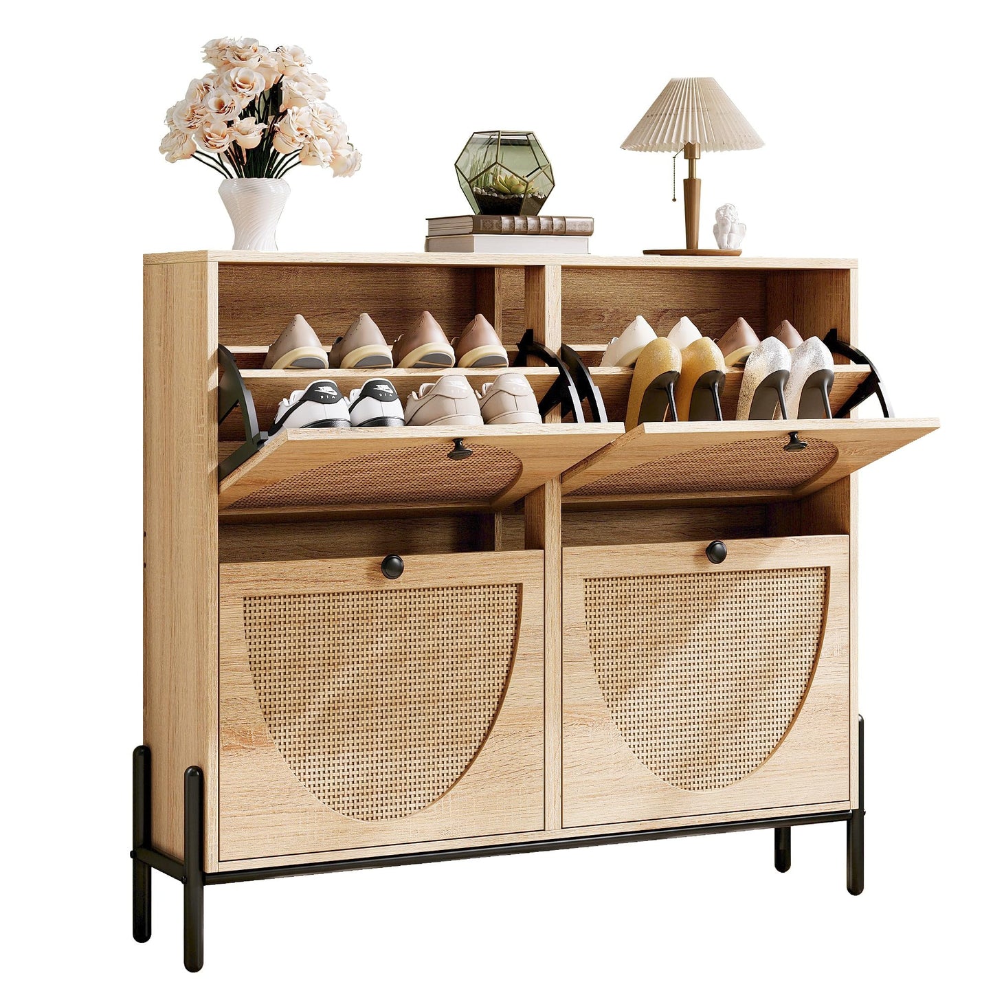 IRONCK Rattan Shoe Cabinet Storage with 4 Flip Drawers, Oak