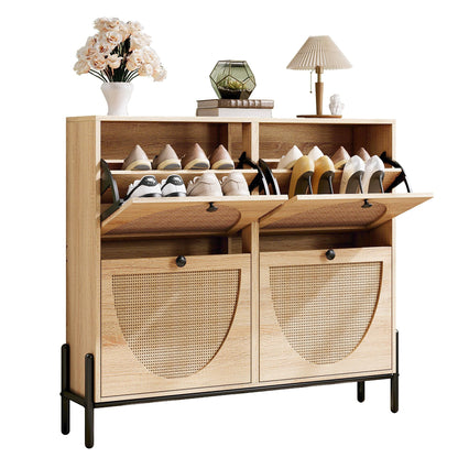 IRONCK Rattan Shoe Cabinet Storage with 4 Flip Drawers, Oak