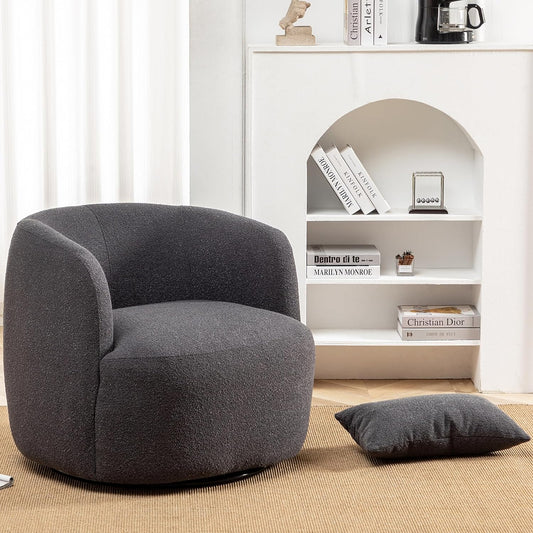 KINWELL 34" Wide Boucle Swivel Barrel Chair, No Assembly Round Upholstered Armchair Accent Chair Single Sofa Chair with Toss Pillow for Living Room and Bedroom, Dark Grey