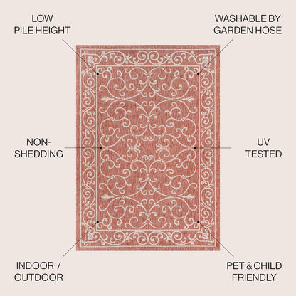 JONATHAN Y Vintage Filigree Indoor Outdoor Square Area Rug 6X6 Red/Beige, Charleston Textured Weave for Backyard, Patio, Porch, Easy-Cleaning, High Traffic, Pet-Friendly, Non-Shedding (SMB106B-6SQ)
