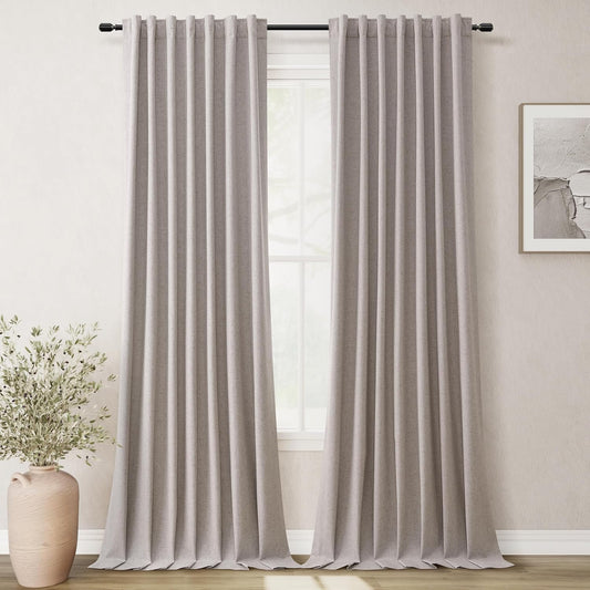 BOODII Full Blackout Curtains 90 Inches Long Room Darkening Curtain for Bedroom Sliding Door Thermal Insulated Black Out Curtains & Drapes Brownish Grey Neutral Linen 2 Panels Set Back Tab 52x90