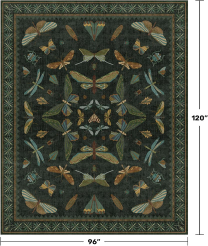 Dark Green Bug Area Rugs 8x10 for Living Room, Dining Room Under Table, Bedroom, Unique Washable Floral Non Slip Floor Insect Carpet with Butterfly, Bee, Moth, Dragonfly