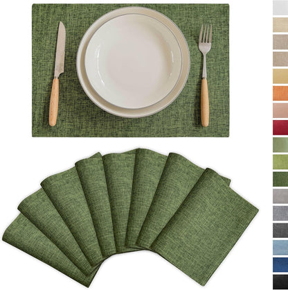 Demetex Dark Green Placemats Set of 8 Decorative Linen Textured Place Mats Heat Resistant Plate Platemats for Cafe Party Banquet Tables, 13x19 inch, Green