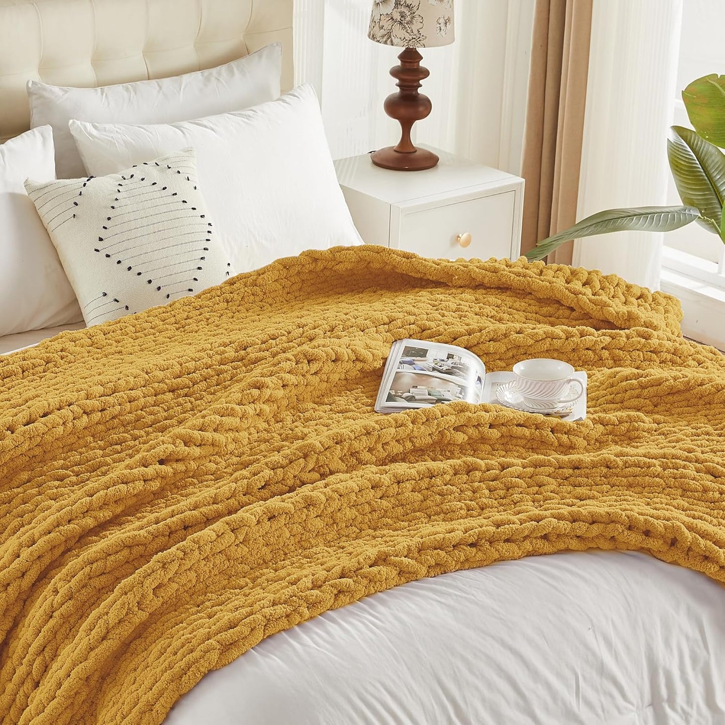 Carriediosa Chunky Knit Throw Blanket 60" X 80" Twin, 100% Hand Made Large Chenille Loop Yarn Soft Fluffy Throws for Couch Sofa Bed, Big Crochet Cozy Heavy Thick Cable Woven Blanket, Yellow
