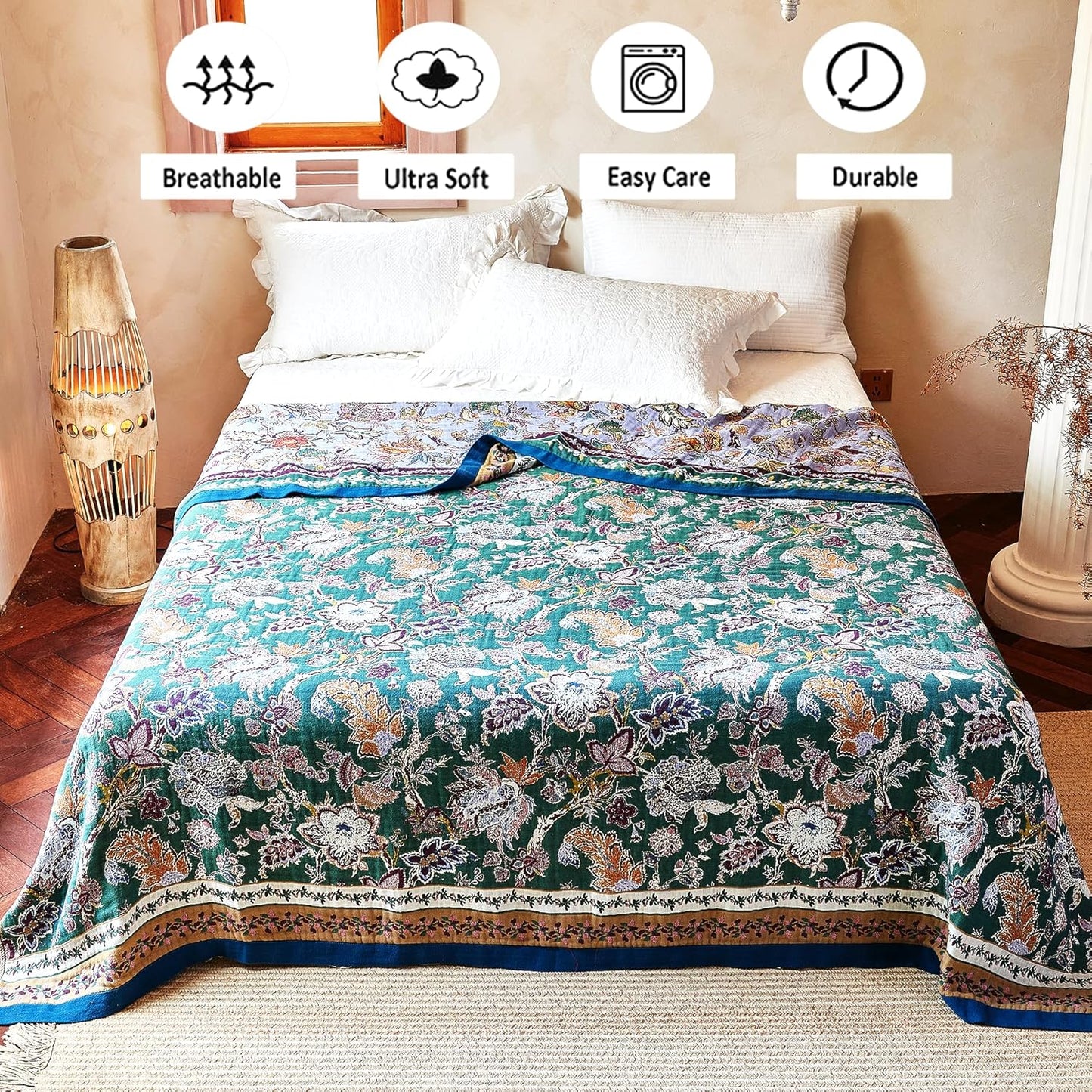 Boho Throw Blanket 91" x 98", 100% Organic Cotton Breathable Ultra Soft Bed Purple Quilt Throw - All Season Luxury Floral Farmhouse Decor Blanket for Sofa Couch Chair and Gift.